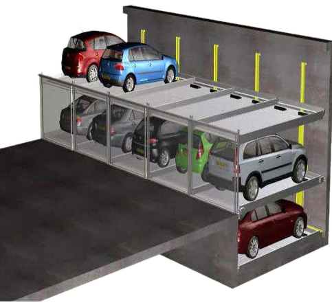 Pit stack parking system with cars above and below ground level