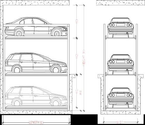 Rendering of a four post pit stack parking system