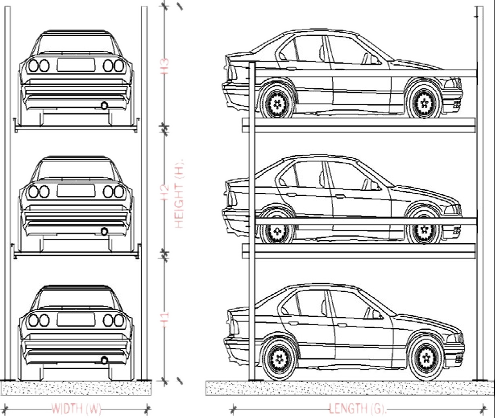 Rendering of a three level stack parking system